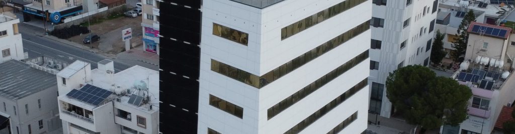Poupa Aluminium Systems ventilated façade and curtain wall on a commercial building in Nicosia, Cyprus